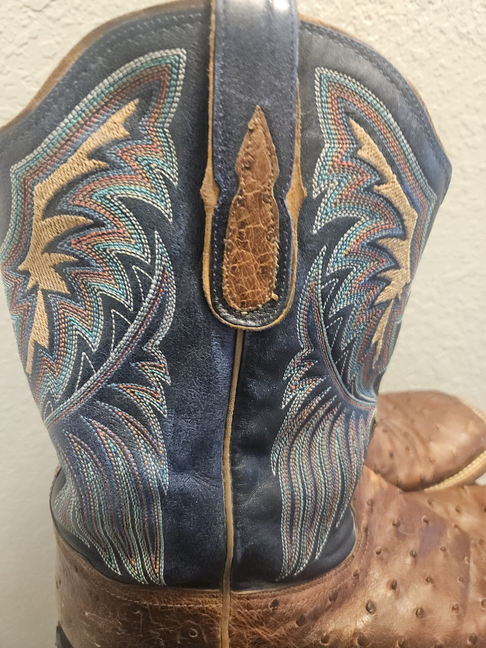 Tony Lama Brown Ostrich Leather with Blue Embroidered Shaft Cowboy Boots - Picture 3 of 9